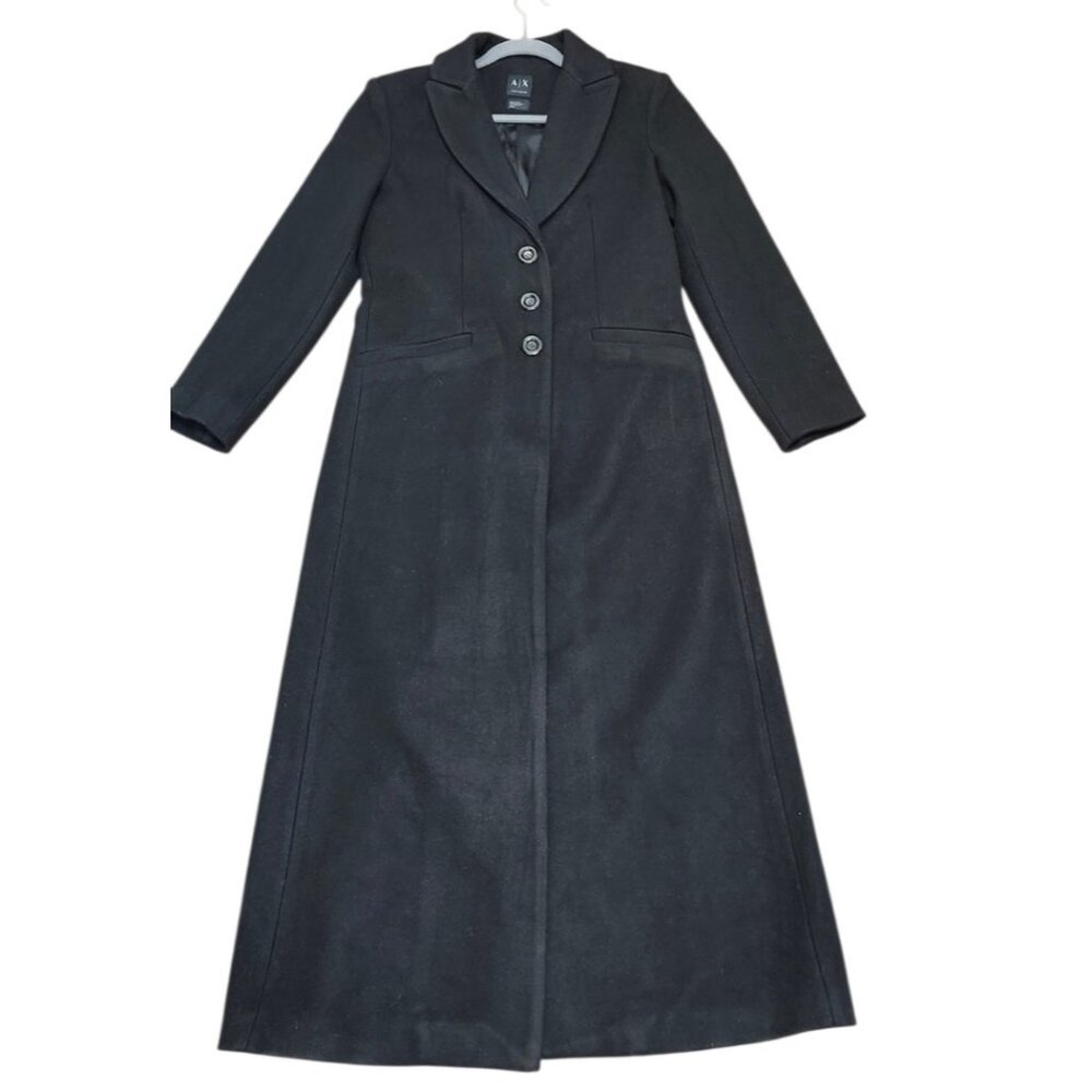 Armani Exchange Black Long Wool Blend Coat Tailored Button Front Women’s Size M - Picture 7 of 15